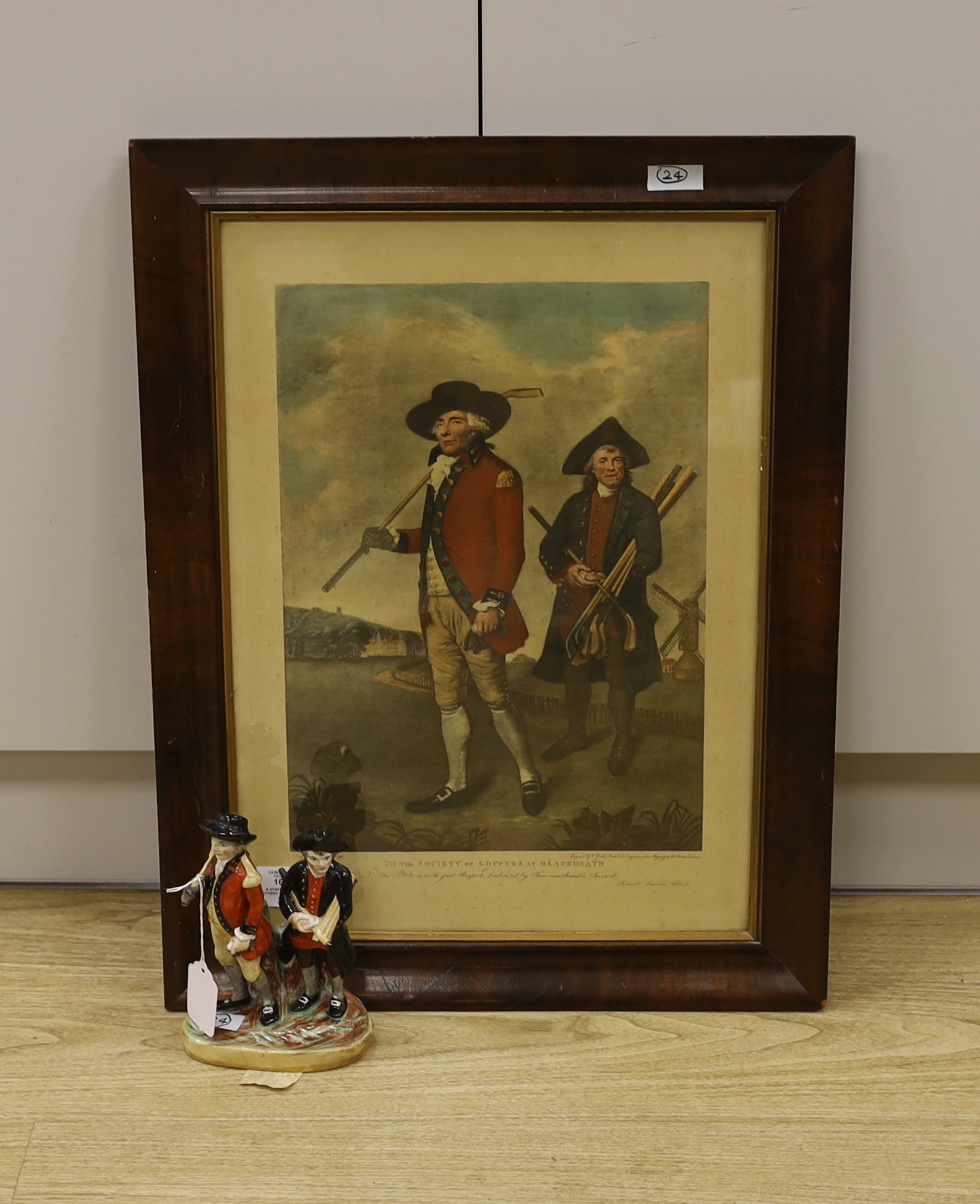 A Staffordshire pottery group of golfers, with related colour mezzotint, after Lemuel Francis Abbott (1760-1803), ‘To the society of coffers at Blackheath’